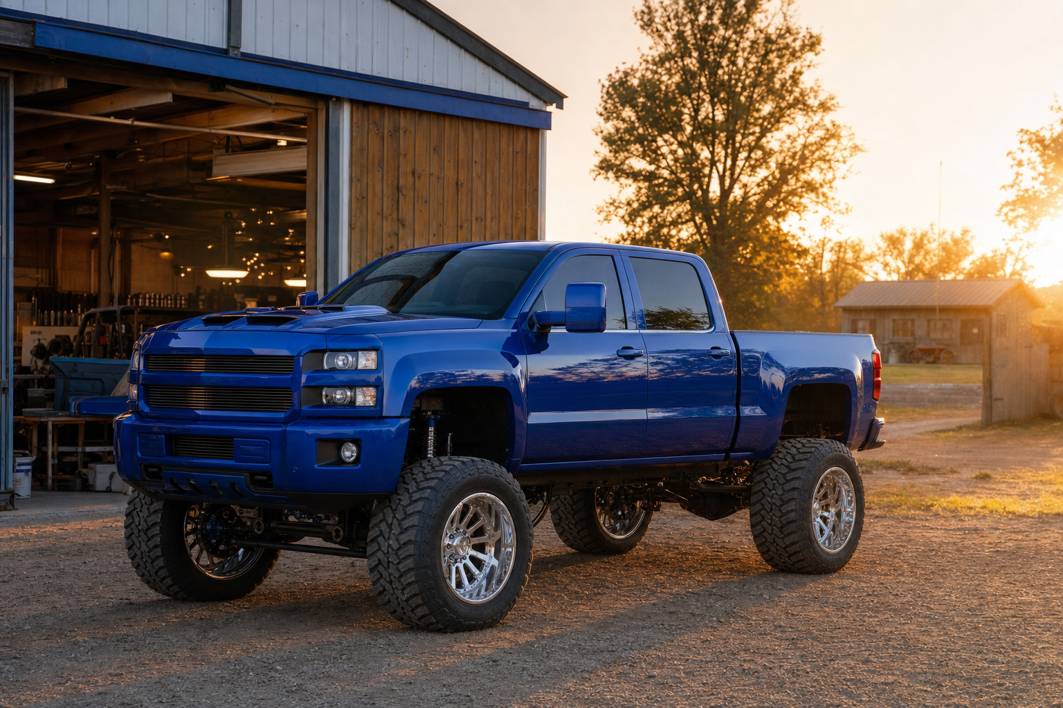 Custom pickup truck with flawless paint at golden hour